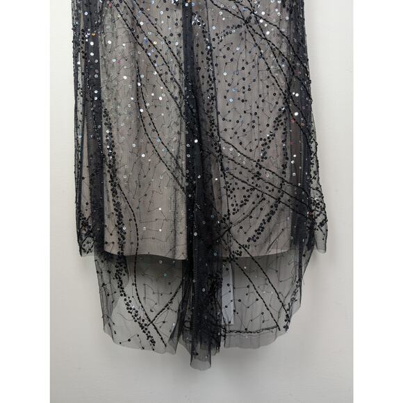 Teri Jon Rickie Freeman Sequin Overlay Formal Dress w/ Feathers Black 4 - Picture 10 of 14